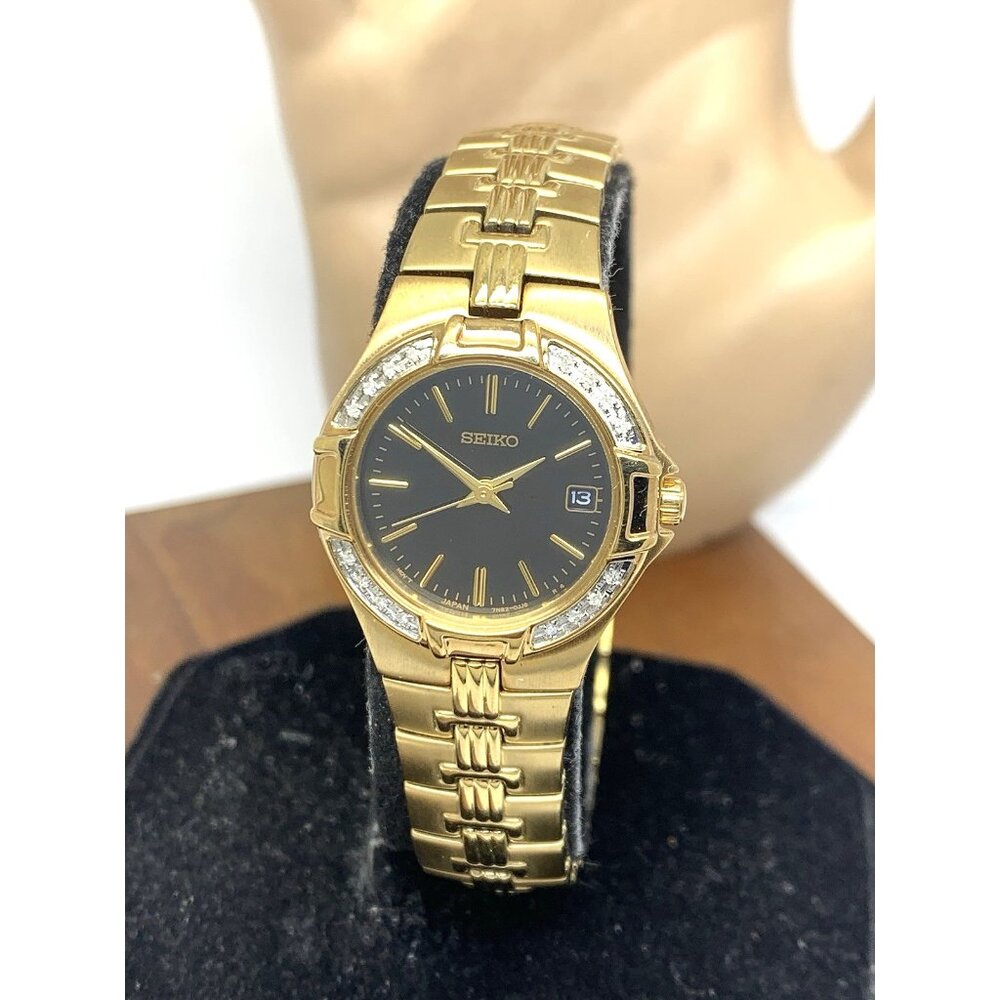 Seiko Women's Watch SXDA44 Quartz Diamond Black Dial Gold Stainless Steel 25mm
